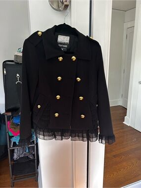 Kensie Black Double-Breasted Pea Coat with Gold Buttons and Ruffle Hem